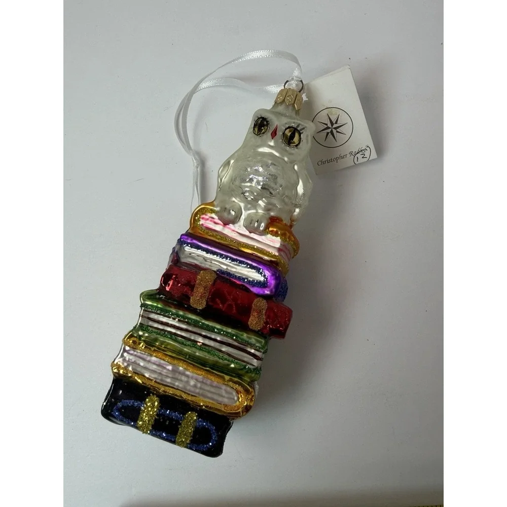 Radko Glass HOO DUNNIT Wise Owl on Stack of Books Christmas Ornament